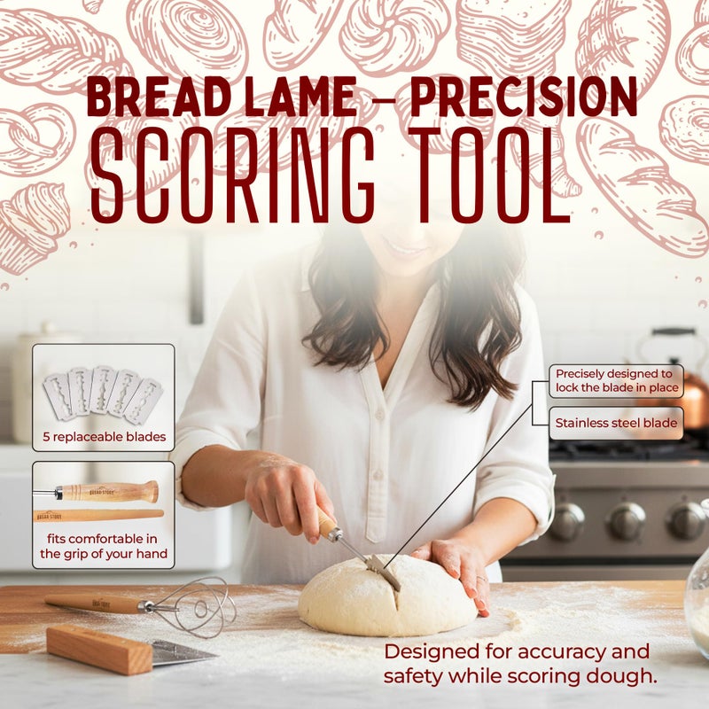 Bread Story Danish Dough Whisk Set â€“ Wooden Scraper & Lame Scoring Tool | Sourdough Whisk & Mixing Tool Kit | Bread Utensils for Homemade Bread, Pizza, Pastry | Stainless Steel & Wood - Image 5
